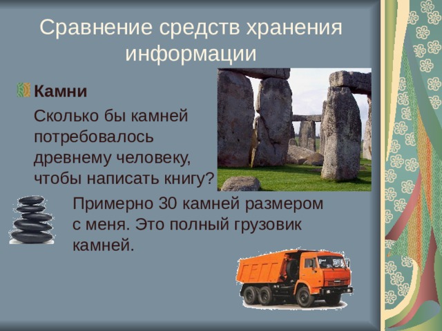 Сравнение средств хранения информации Камни  Сколько бы камней потребовалось древнему человеку, чтобы написать книгу? Примерно 30 камней размером с меня. Это полный грузовик камней. 