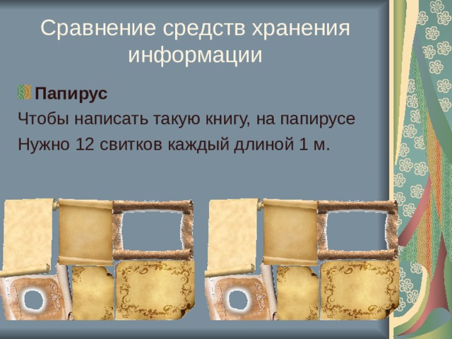 Сравнение средств хранения информации Папирус Чтобы написать такую книгу, на папирусе Нужно 12 свитков каждый длиной 1 м. 