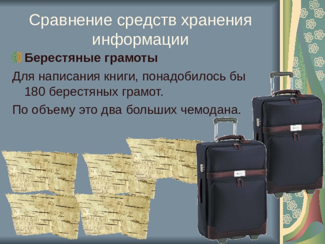 Сравнение средств хранения информации Берестяные грамоты Для написания книги, понадобилось бы 180 берестяных грамот. По объему это два больших чемодана. 