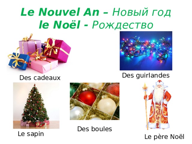 Le Nouvel An – Новый год  le Noël -  Рождество Des guirlandes  Des cadeaux Des boules Le sapin Le p ère Noël 