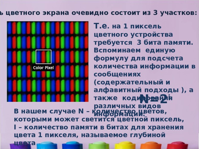Пиксель цветного экрана очевидно состоит из 3 участков: R, G, B Т.е . на 1 пиксель цветного устройства требуется 3 бита памяти. Вспоминаем единую формулу для подсчета количества информации в сообщениях (содержательный и алфавитный подходы ), а также кодирования различных видов информации:   N=2 i  В нашем случае N – количество цветов, которыми может светится цветной пиксель, I – количество памяти в битах для хранения цвета 1 пикселя, называемое глубиной цвета 