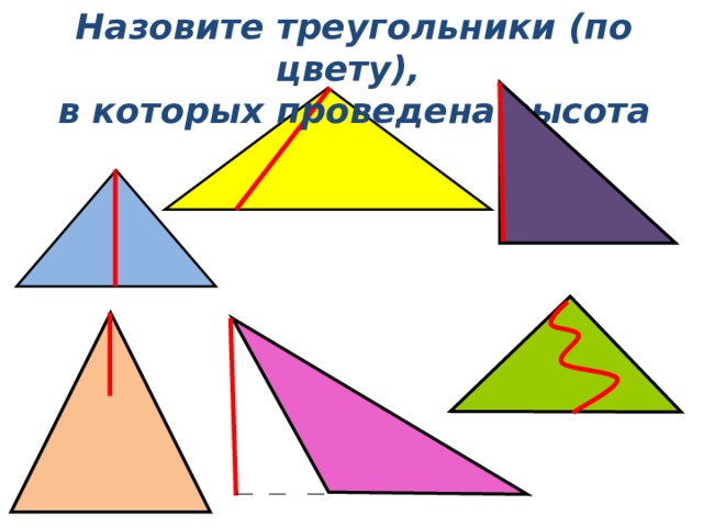 Назовите треугольники (по цвету), в которых проведена высота 