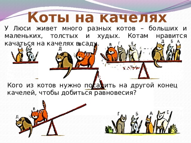 Коты на качелях У Люси живет много разных котов – больших и маленьких, толстых и худых. Котам нравится качаться на качелях в саду. Кого из котов нужно посадить на другой конец качелей, чтобы добиться равновесия? 