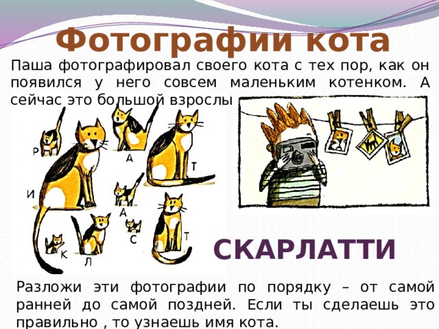 Фотографии кота Паша фотографировал своего кота с тех пор, как он появился у него совсем маленьким котенком. А сейчас это большой взрослый кот. СКАРЛАТТИ Разложи эти фотографии по порядку – от самой ранней до самой поздней. Если ты сделаешь это правильно , то узнаешь имя кота. 