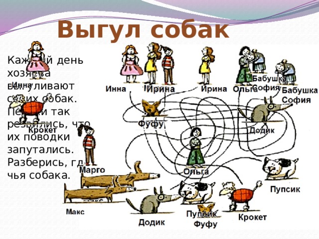 Выгул собак Каждый день хозяева выгуливают своих собак. Песики так резвились, что их поводки запутались. Разберись, где чья собака. 