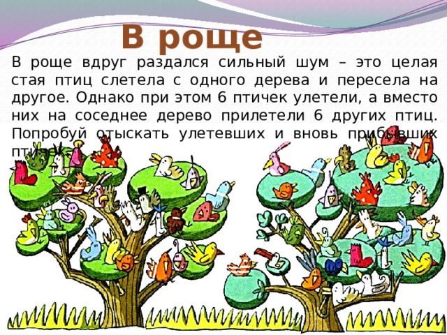 В роще В роще вдруг раздался сильный шум – это целая стая птиц слетела с одного дерева и пересела на другое. Однако при этом 6 птичек улетели, а вместо них на соседнее дерево прилетели 6 других птиц. Попробуй отыскать улетевших и вновь прибывших птичек. 