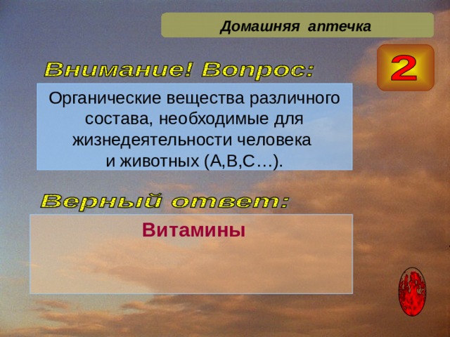 Домашняя аптечка Органические вещества различного  состава, необходимые для жизнедеятельности человека и животных (А,В,С…).  Витамины 