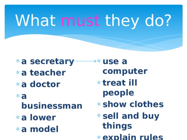What must they do? a secretary a teacher a doctor a businessman a lower a model  use a computer treat ill people show clothes sell and buy things explain rules communicate with people 