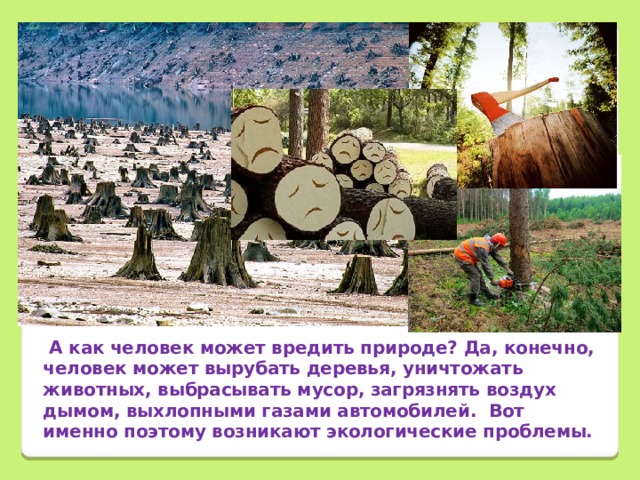         А как человек может вредить природе? Да, конечно, человек может вырубать деревья, уничтожать животных, выбрасывать мусор, загрязнять воздух дымом, выхлопными газами автомобилей. Вот именно поэтому возникают экологические проблемы. 