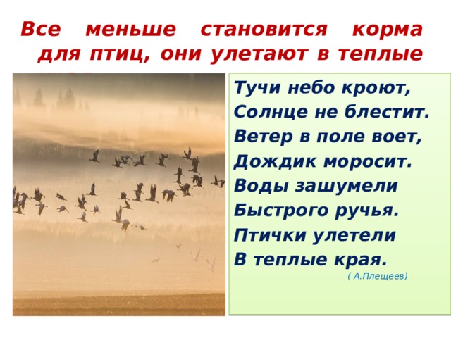                Все меньше становится корма для птиц, они улетают в теплые края Тучи небо кроют, Солнце не блестит. Ветер в поле воет, Дождик моросит. Воды зашумели Быстрого ручья. Птички улетели В теплые края.  ( А.Плещеев) 