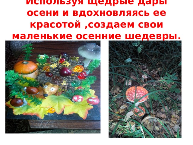 Используя щедрые дары осени и вдохновляясь ее красотой ,создаем свои маленькие осенние шедевры. 