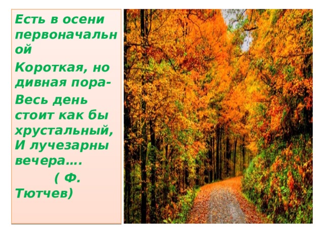 Есть в осени первоначальной Короткая, но дивная пора- Весь день стоит как бы хрустальный, И лучезарны вечера….  ( Ф. Тютчев) 