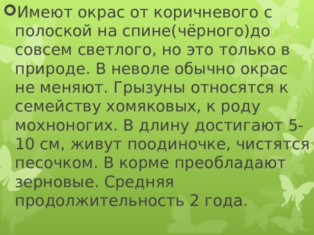 Имеют окрас от коричневого с полоской на спине(чёрного)до совсем светлого, но это только в природе. В неволе обычно окрас не меняют. Грызуны относятся к семейству хомяковых, к роду мохноногих. В длину достигают 5-10 см, живут поодиночке, чистятся песочком. В корме преобладают зерновые. Средняя продолжительность 2 года.  
