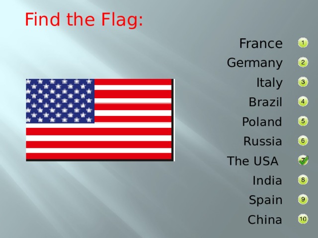 Find the Flag: France Germany Italy Brazil Poland Russia The USA India Spain China 