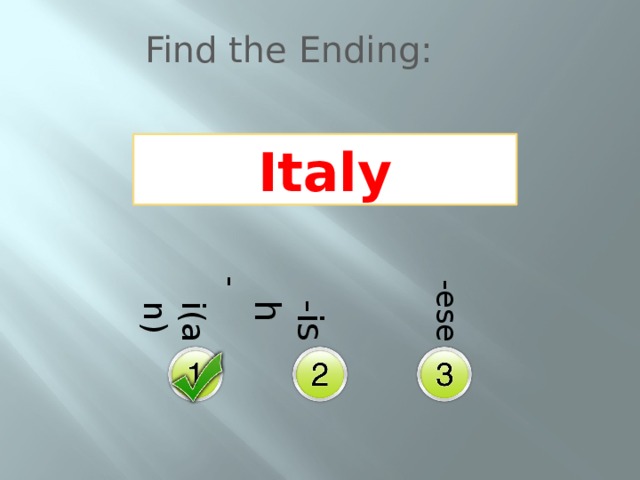 -i(an)  -ish  -ese Find the Ending: Italy 