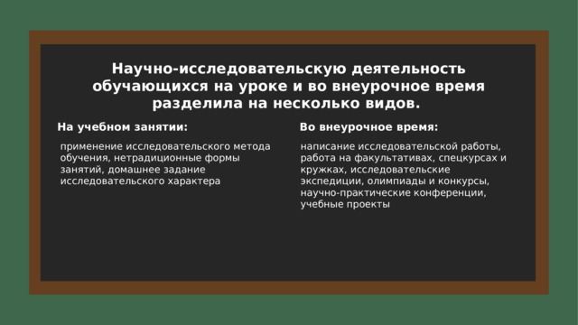 Научно-исследовательскую деятельность обучающихся на уроке и во внеурочное время разделила на несколько видов. На учебном занятии: Во внеурочное время: применение исследовательского метода обучения, нетрадиционные формы занятий, домашнее задание исследовательского характера написание исследовательской работы, работа на факультативах, спецкурсах и кружках, исследовательские экспедиции, олимпиады и конкурсы, научно-практические конференции, учебные проекты 6 