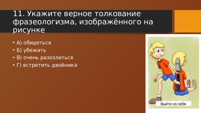 11. Укажите верное толкование фразеологизма, изображённого на рисунке А) обидеться Б) убежать В) очень разозлиться Г) встретить двойника 