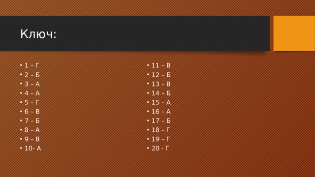 Ключ: 1 – Г 2 – Б 3 – А 4 – А 5 – Г 6 – В 7 – Б 8 – А 9 – В 10- А 11 – В 12 – Б 13 – В 14 – Б 15 – А 16 – А 17 – Б 18 – Г 19 – Г 20 - Г 