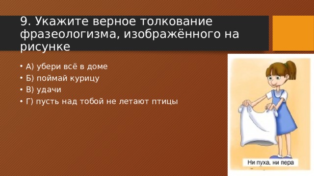 9. Укажите верное толкование фразеологизма, изображённого на рисунке А) убери всё в доме Б) поймай курицу В) удачи Г) пусть над тобой не летают птицы 