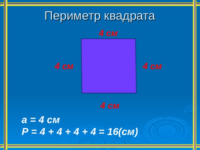 Периметр квадрата 4 см 4 см 4 см 4 см  а = 4 см  Р = 4 + 4 + 4 + 4 = 16(см) 