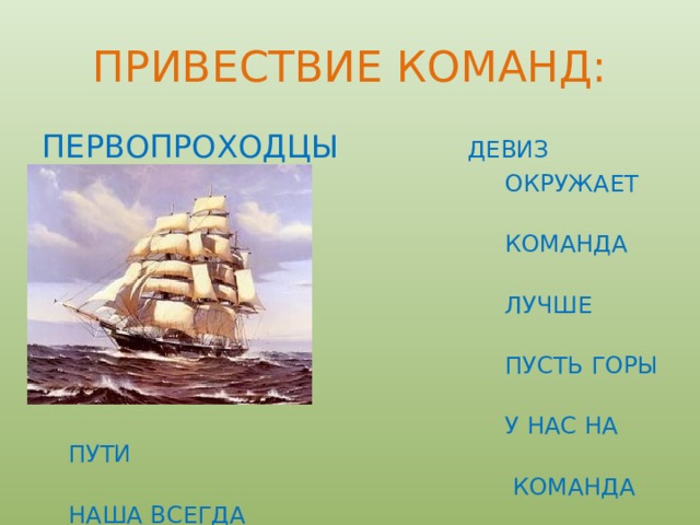 ПРИВЕСТВИЕ КОМАНД: ПЕРВОПРОХОДЦЫ ДЕВИЗ  ОКРУЖАЕТ НАС УСПЕХ  КОМАНДА НАША  ЛУЧШЕ ВСЕХ  ПУСТЬ ГОРЫ И КРУГИ  У НАС НА ПУТИ  КОМАНДА НАША ВСЕГДА  ВПЕРЕДИ!!!! 