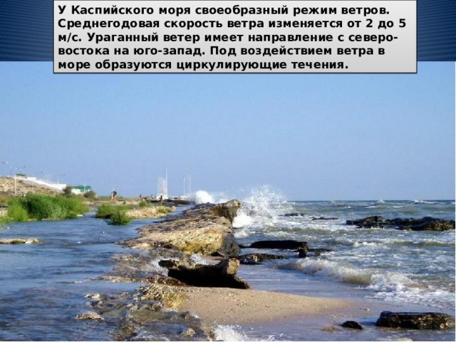 У Каспийского моря своеобразный режим ветров. Среднегодовая скорость ветра изменяется от 2 до 5 м/с. Ураганный ветер имеет направление с северо-востока на юго-запад. Под воздействием ветра в море образуются циркулирующие течения. 