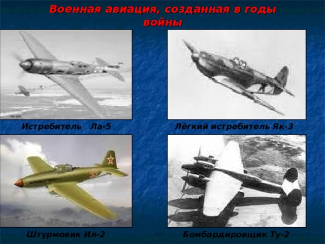 Военная авиация, созданная в годы войны Истребитель Ла-5  Лёгкий  истребитель  Як-3  Штурмовик Ил-2  Бомбардировщик Ту-2
