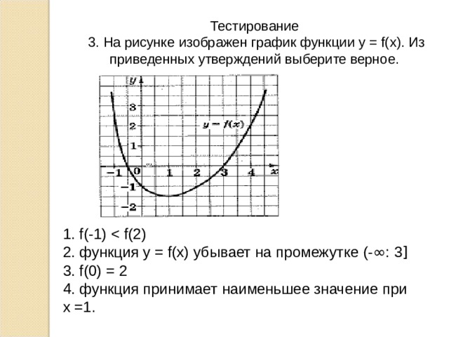Тестирование  3. На рисунке изображен график функции у = f(x). Из приведенных утверждений выберите верное. 1. f(-1) 2. функция у = f(x) убывает на промежутке (- ∞ : 3 ] 3. f(0) = 2 4. функция принимает наименьшее значение при х =1. 