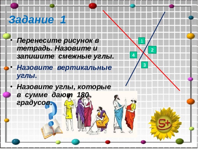 Задание 1 Перенесите рисунок в тетрадь. Назовите и запишите смежные углы. Назовите вертикальные углы. Назовите углы, которые в сумме дают 180 градусов.  1 2 4 3