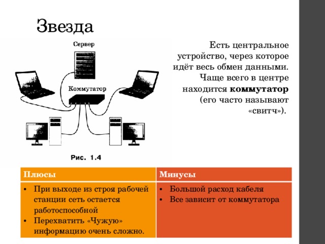 Звезда Есть центральное устройство, через которое идёт весь обмен данными. Чаще всего в центре находится коммутатор (его часто называют «свитч»). Плюсы При выходе из строя рабочей станции сеть остается работоспособной Перехватить «Чужую» информацию очень сложно. Минусы Большой расход кабеля Все зависит от коммутатора 