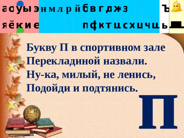 Ъ ь а з б н о п в с м я ё г х ф у л ц к ю д ы р и ж ч й э т ш е щ Букву П в спортивном зале Перекладиной назвали. Ну-ка, милый, не ленись, Подойди и подтянись. п 