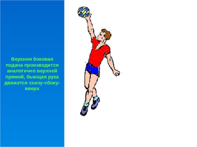 Верхняя боковая подача производится аналогично верхней прямой, бьющая рука движется снизу-сбоку-вверх 