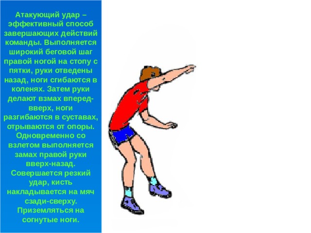 Атакующий удар – эффективный способ завершающих действий команды. Выполняется широкий беговой шаг правой ногой на стопу с пятки, руки отведены назад, ноги сгибаются в коленях. Затем руки делают взмах вперед-вверх, ноги разгибаются в суставах, отрываются от опоры. Одновременно со взлетом выполняется замах правой руки вверх-назад. Совершается резкий удар, кисть накладывается на мяч сзади-сверху. Приземляться на согнутые ноги. 