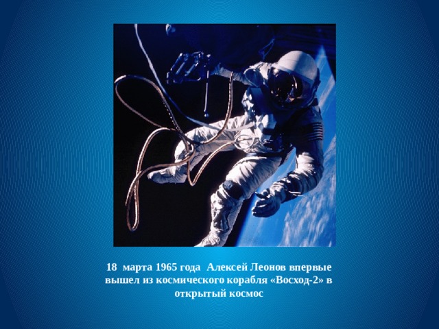  18 марта 1965 года Алексей Леонов впервые вышел из космического корабля «Восход-2» в открытый космос 