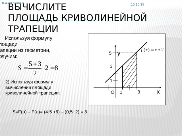 В.А.Алдушина 10.10.19 ВЫЧИСЛИТЕ  ПЛОЩАДЬ КРИВОЛИНЕЙНОЙ ТРАПЕЦИИ Используя формулу  площади трапеции из геометрии,  получим:  у 5 3 1 2) Используя формулу вычисления площади криволинейной трапеции: х 3 1 О S=F(b) – F(a)= (4,5 +6) – (0,5+2) = 8 