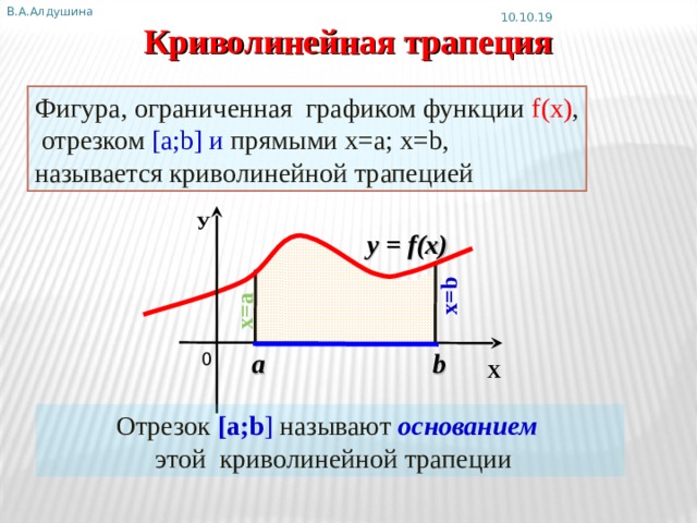 В.А.Алдушина  х=а x=b 10.10.19 Криволинейная трапеция Фигура, ограниченная графиком функции f(х) ,  отрезком [а;b] и прямыми х=а; x=b, называется криволинейной трапецией У y = f(x) Анимация по щелчку мыши b a 0 Х Отрезок [a;b ] называют основанием   этой  криволинейной трапеции 3 