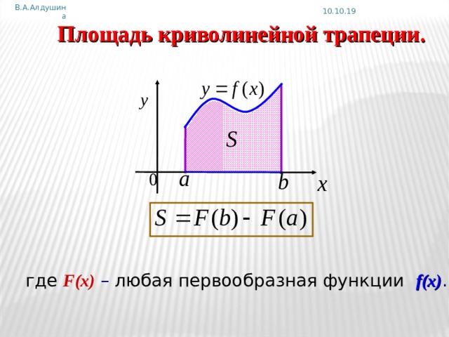 В.А.Алдушина 10.10.19 Площадь криволинейной трапеции. Анимация по щелчку где  F(x) – любая первообразная функции f(x) . 7 