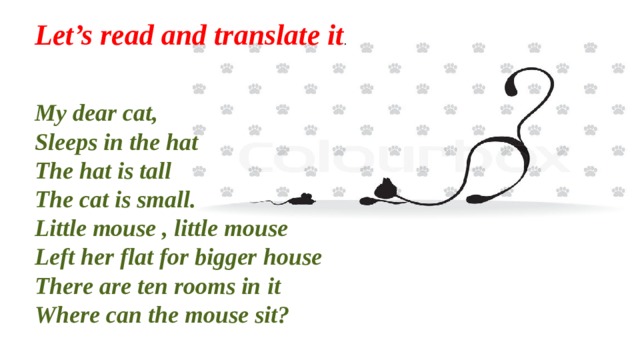 Let’s read and translate it .  My dear cat, Sleeps in the hat The hat is tall The cat is small. Little mouse , little mouse Left her flat for bigger house There are ten rooms in it Where can the mouse sit? 