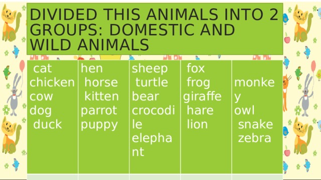 Divided this animals into 2 groups: domestic and wild animals  cat  chicken  cow  dog  duck hen  horse  kitten  parrot  puppy sheep  turtle bear  crocodile  elephant   fox  frog  giraffe  hare  lion  monkey  owl  snake  zebra 