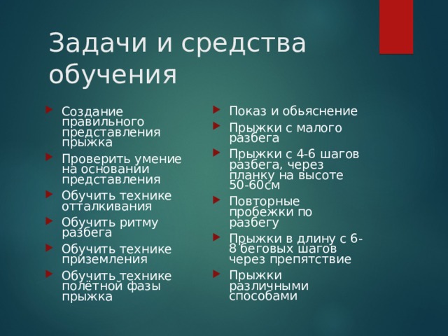 Задачи и средства обучения Показ и обьяснение Прыжки с малого разбега Прыжки с 4-6 шагов разбега, через планку на высоте 50-60см Повторные пробежки по разбегу Прыжки в длину с 6-8 беговых шагов через препятствие Прыжки различными способами Создание правильного представления прыжка Проверить умение на основании представления Обучить технике отталкивания Обучить ритму разбега Обучить технике приземления Обучить технике полётной фазы прыжка 