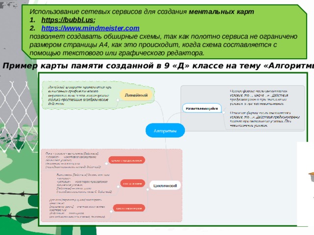 Использование сетевых сервисов для создания ментальных карт https://bubbl.us ; https://www.mindmeister.com позволяет создавать обширные схемы, так как полотно сервиса не ограничено размером страницы А4, как это происходит, когда схема составляется с помощью текстового или графического редактора. Пример карты памяти созданной в 9 «Д» классе на тему «Алгоритмы» 