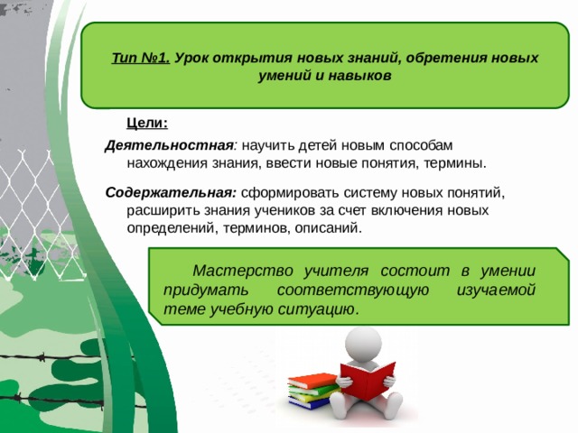 Тип №1. Урок открытия новых знаний, обретения новых умений и навыков   Цели: Деятельностная :  научить детей новым способам нахождения знания, ввести новые понятия, термины. Содержательная:  сформировать систему новых понятий, расширить знания учеников за счет включения новых определений, терминов, описаний. Мастерство учителя состоит в умении придумать соответствующую изучаемой теме учебную ситуацию. 