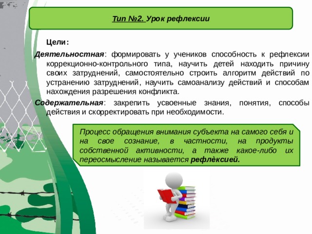 Тип №2. Урок рефлексии  Цели: Деятельностная : формировать у учеников способность к рефлексии коррекционно-контрольного типа, научить детей находить причину своих затруднений, самостоятельно строить алгоритм действий по устранению затруднений, научить самоанализу действий и способам нахождения разрешения конфликта. Содержательная : закрепить усвоенные знания, понятия, способы действия и скорректировать при необходимости. Процесс обращения внимания субъекта на самого себя и на свое сознание, в частности, на продукты собственной активности, а также какое-либо их переосмысление называется рефлѐксией. 