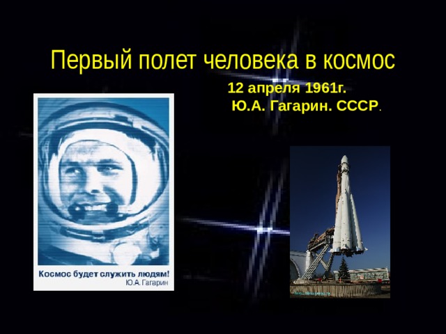 Первый полет человека в космос 12 апреля 1961г.  Ю.А. Гагарин. СССР . Восток . 
