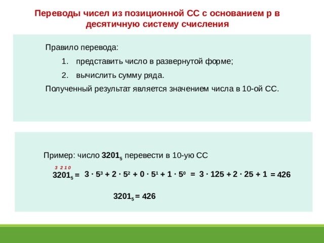 Переводы чисел из позиционной СС с основанием р в десятичную систему счисления Правило перевода:  представить число в развернутой форме;  вычислить сумму ряда.  представить число в развернутой форме;  вычислить сумму ряда. Полученный результат является значением числа в 10-ой СС.  Пример: число 3201 5 перевести в 10-ую СС  3201 5 = 3 2 1 0 3 · 5 3 + 2 · 5 2 + 0 · 5 1 + 1 · 5 0 = 3 · 125 + 2 · 25 + 1 = 426 3201 5 = 426 