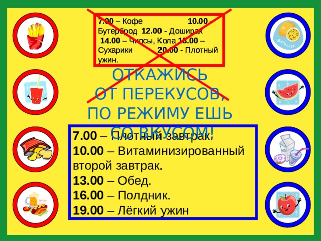 7.00 – Кофе 10.00 – Бутерброд 12.00 - Доширак 14.00 – Чипсы, Кола 18.00 – Сухарики 20.00 - Плотный ужин . 7.00 – Кофе 10.00 – Бутерброд 12.00 - Доширак 14.00 – Чипсы, Кола 18.00 – Сухарики 20.00 - Плотный ужин . ОТКАЖИСЬ ОТ ПЕРЕКУСОВ, ПО РЕЖИМУ ЕШЬ СО ВКУСОМ! 7.00 – Плотный завтрак. 10.00 – Витаминизированный второй завтрак. 13.00 – Обед. 16.00 – Полдник. 19.00 – Лёгкий ужин 