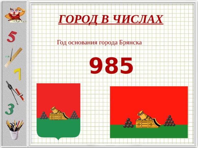 ГОРОД В ЧИСЛАХ  Год основания города Брянска 985 