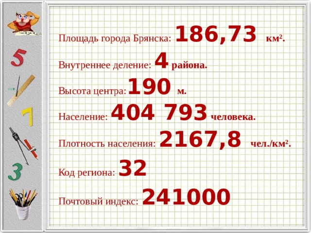 Площадь города Брянска: 186,73  км². Внутреннее деление:  4 района. Высота центра: 190  м. Население: 404 793  человека. Плотность населения: 2167,8   чел./км².  Код региона: 32 Почтовый индекс: 241000 