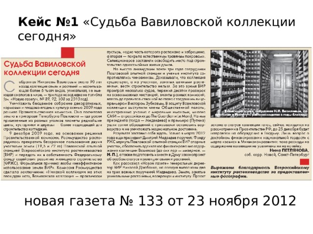 Кейс №1 «Судьба Вавиловской коллекции сегодня» новая газета № 133 от 23 ноября 2012