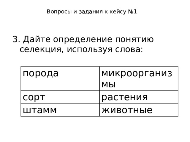 Вопросы и задания к кейсу №1   3. Дайте определение понятию селекция, используя слова: порода сорт микроорганизмы штамм растения животные